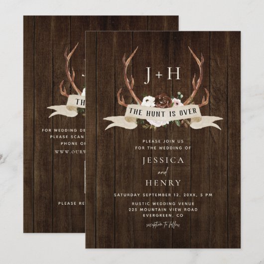 Hunt is Over Antlers Rustic Wood QR Code Wedding  招待状 (正面/裏面)