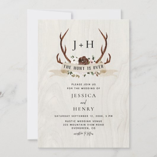 Hunt is Over Rustic Antlers QR Code Wedding  招待状 (正面)