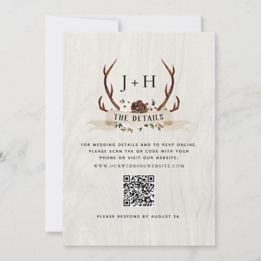 Hunt is Over Rustic Antlers QR Code Wedding  招待状 (裏面)