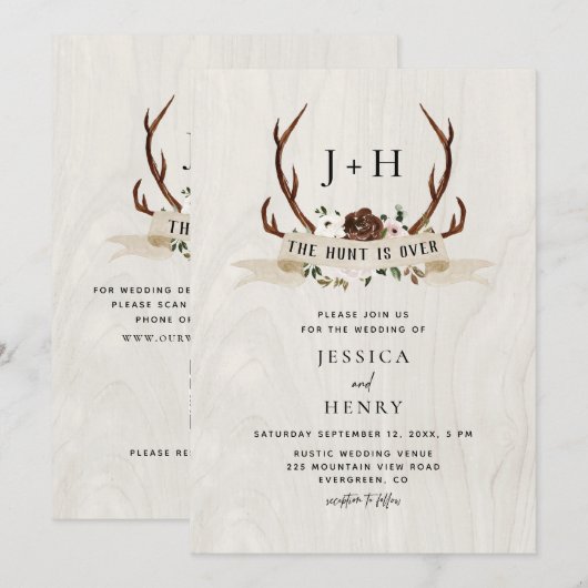 Hunt is Over Rustic Antlers QR Code Wedding  招待状 (正面/裏面)