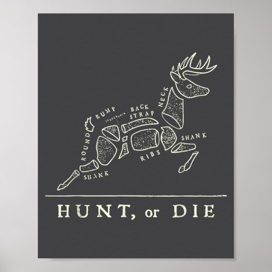 Hunt Or Die Funny Hunting Quote Deer Butcher Chart ポスター (正面)