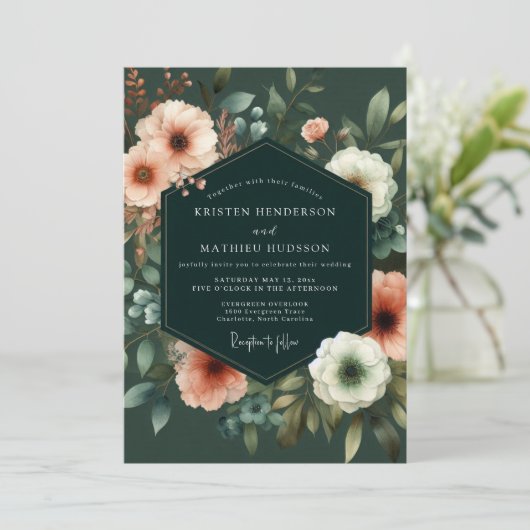 Hunter Coral Painterly Wedding 招待状 (スタンド正面)