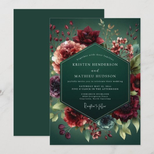Hunter Green Baroque Flora Wedding 招待状 (正面/裏面)