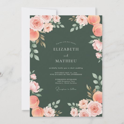 Hunter Green Elegant Floral Wedding 招待状 (正面)