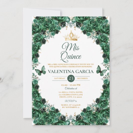 Hunter Green Quinceañera 15 Anos Floral Gold Crown 招待状 (正面)