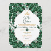 Hunter Green Quinceañera 15 Anos Floral Gold Crown 招待状 (正面/裏面)