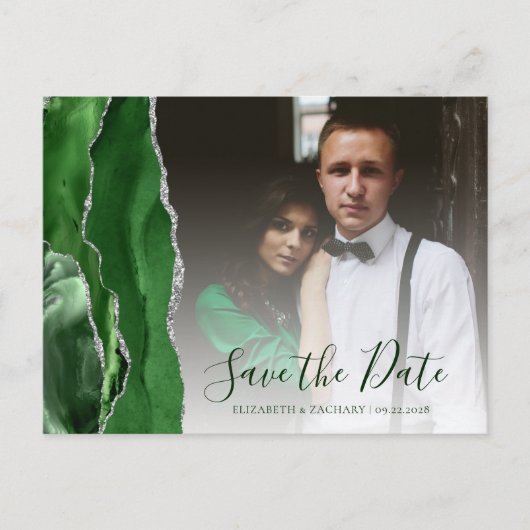 Hunter Green Silver Agate写真Save the Date ポストカード (正面)