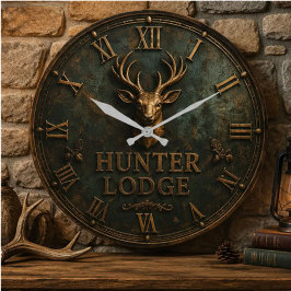 Hunter Lodge Rustic Deer Vintage Hunting Cabin ラージ壁時計