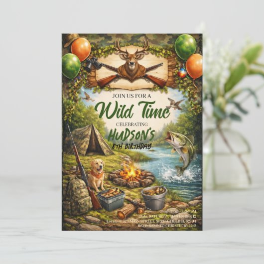 Hunting and Fishing Camo Boy birthday Invitation 招待状 (スタンド正面)