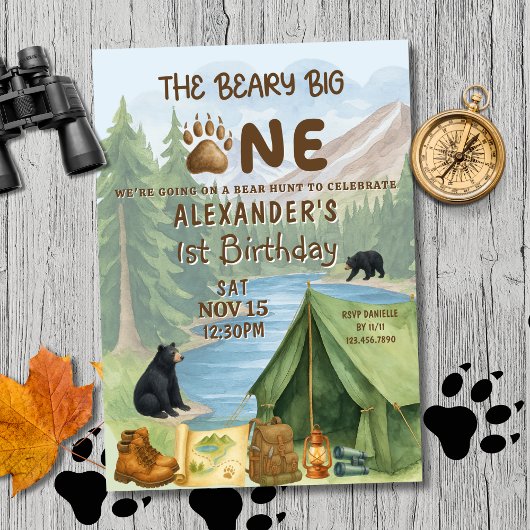 Hunting Camping Beary First Boy 1st Birthday 招待状