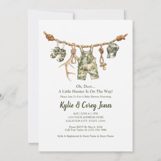 Hunting Clothesline Camo Boy Baby Shower 招待状 (正面)