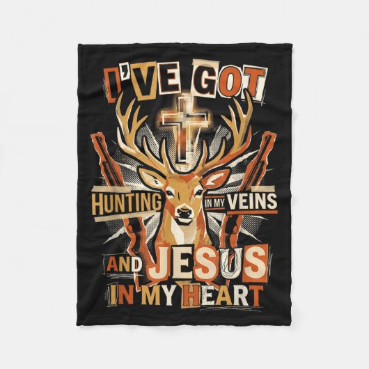 Hunting In My Veins Jesus In Heart Christian Deer  フリースブランケット (正面)