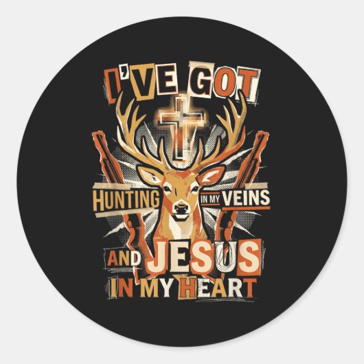Hunting In My Veins Jesus In Heart Christian Deer  ラウンドシール (正面)