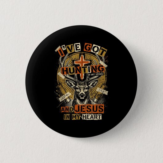Hunting In My Veins Jesus In Heart Christian Deer  缶バッジ (正面)