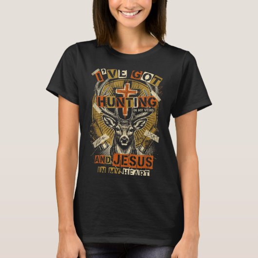 Hunting In My Veins Jesus In Heart Christian Deer  Tシャツ (正面)