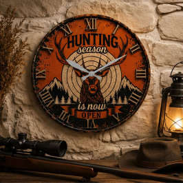Hunting Season Is Now Open Hunter Cabin ラージ壁時計