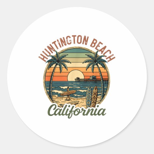 Huntington Beach California Los Angeles Surfer Vin ラウンドシール (正面)