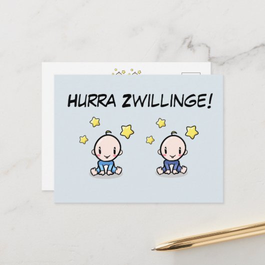 Hurra Zwillinge, Glückwunsch Geburt, 2 Jungs,   ポストカード (正面/裏面インサイチュ)
