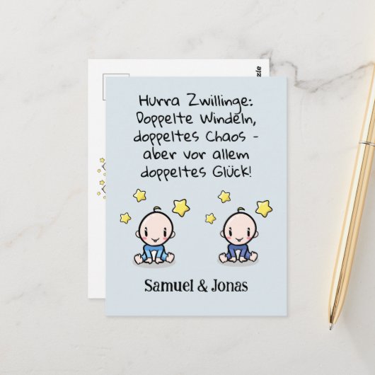 Hurra Zwillinge, Glückwunsch Geburt, mit Namen,   ポストカード (正面/裏面インサイチュ)