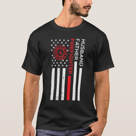 Husband Father Firefighter US Flag Fathers Day Fir Tシャツ (正面)