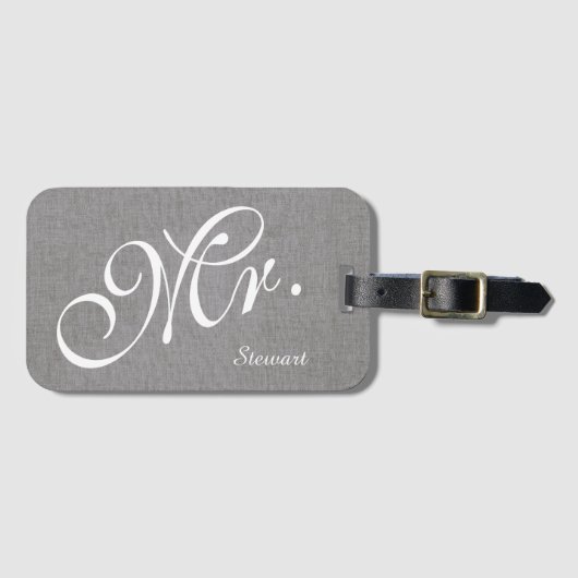 Husband Groom Weddingフェイクな灰色のリネン新婚者の氏 ラゲッジタグ (正面横)