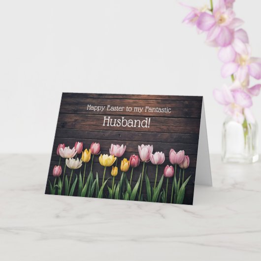 Husband Happy Easter with Tulips and Rustic Wood カード (蘭)