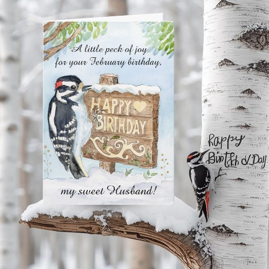 Husband Happy February Birthday Downy Woodpecker カード