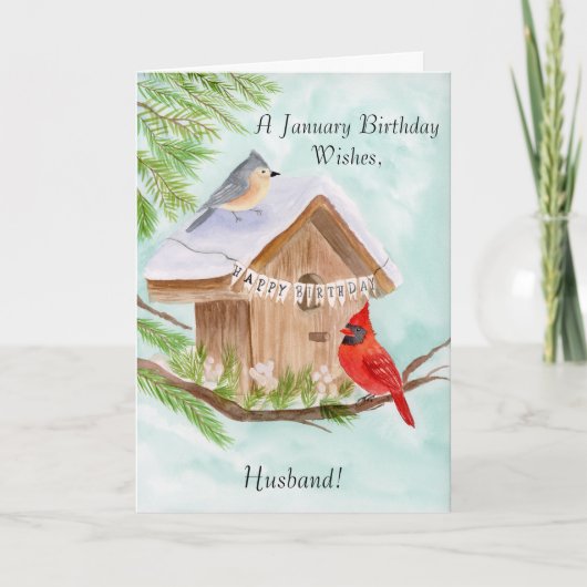 Husband Happy January Birthday Birds カード (正面)