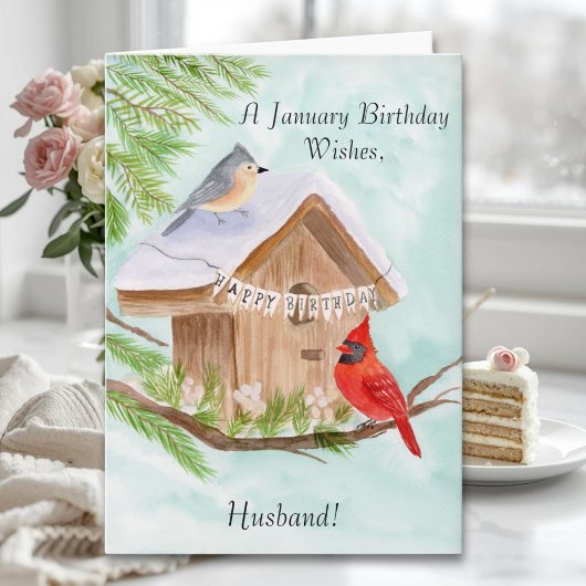 Husband  Happy January Birthday Birds カード