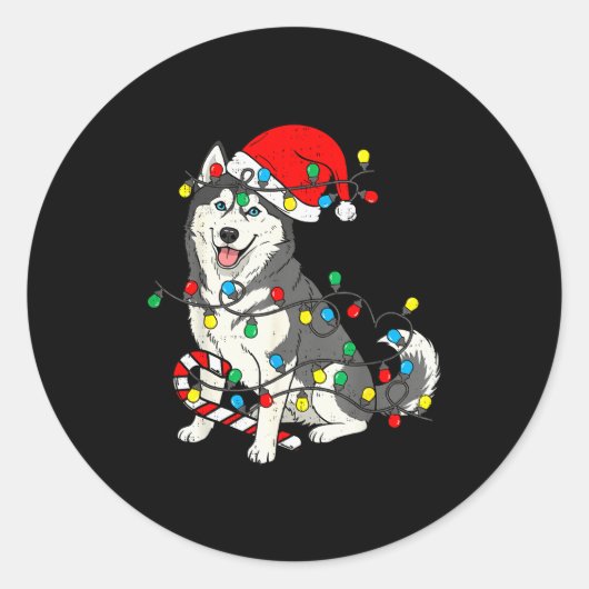 Huskey Dog Christmas Lights Santa Pajama Xmas Pet  ラウンドシール (正面)