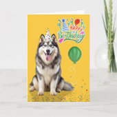 Husky Dog in a Party Hat on Yellow Birthday カード (正面)