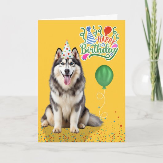 Husky Dog in a Party Hat on Yellow Birthday カード (正面)