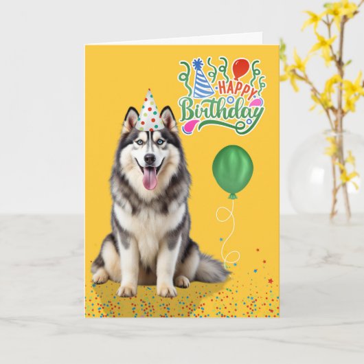 Husky Dog in a Party Hat on Yellow Birthday カード (黄色い花)