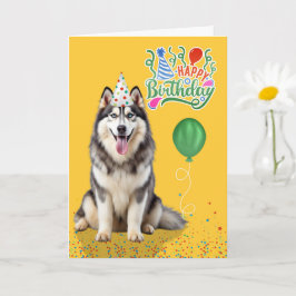 Husky Dog in a Party Hat on Yellow Birthday カード