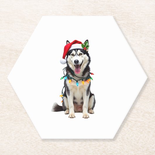 Husky Dog Santa Hat Christmas Tree Xmas Gifts For ペーパーコースター (正面)