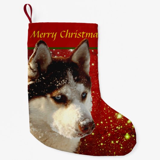 Husky Frohe Weihnachten Rot Gold Weihnachtsstrumpf スモールクリスマスストッキング (正面)