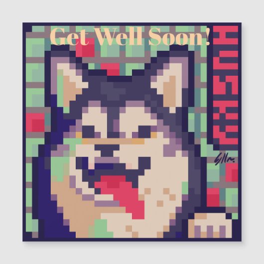 Husky, Get Well soon, Pixel Art Pixelart マグネット招待状 (正面)