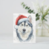 Husky in Santa Hat Watercolor Xmas シーズンポストカード (スタンド正面)