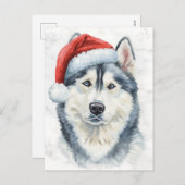 Husky in Santa Hat Watercolor Xmas シーズンポストカード (正面/裏面)