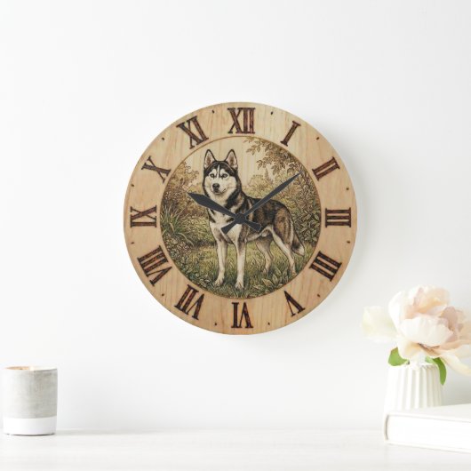 Husky in Spring Park Wall Clock ラージ壁時計 (ホーム)
