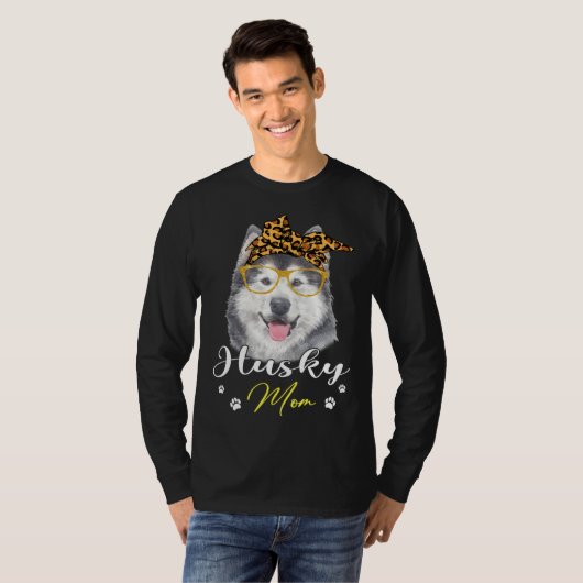 Husky Mom Leopard Print Dog Tシャツ (正面フル)