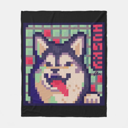 Husky Pixel Art, Pixelart フリースブランケット (正面)