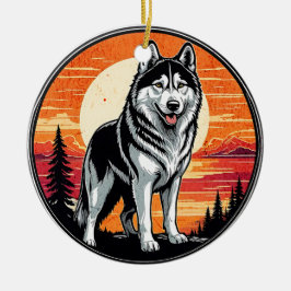 Husky Retro Sunset Dog Lover セラミックオーナメント