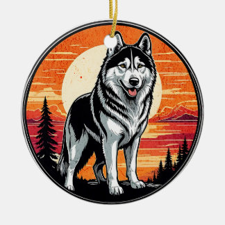 Husky Retro Sunset Dog Lover セラミックオーナメント