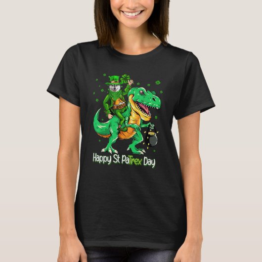 Husky Riding Dinosaur Patricks Day Shamrock Tシャツ (正面)