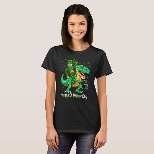 Husky Riding Dinosaur Patricks Day Shamrock Tシャツ (正面フル)