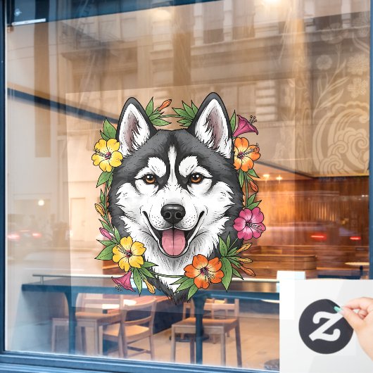 Husky Sled Dog And Colorful Mirablis Flowers ウィンドウサイン (カフェ窓)