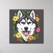 Husky Sled Dog And Colorful Mirablis Flowers キャンバスプリント (正面)