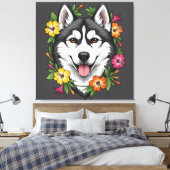Husky Sled Dog And Colorful Mirablis Flowers キャンバスプリント (インサイチュ (寝室))