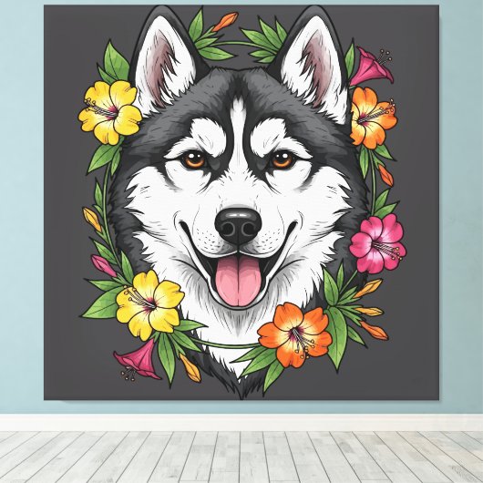 Husky Sled Dog And Colorful Mirablis Flowers キャンバスプリント (インサイチュ (ウッドフロア))